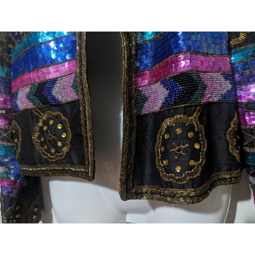VINTAGE Leslie Fay Evenings  Jacket 100% Silk Beaded Sequined Small S 70's 80's - Picture 4 of 11